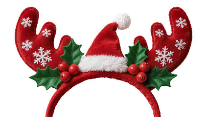 Red plush reindeer antlers with Santa hat and holly berries, isolated on transparent background © Maria