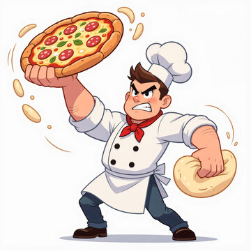 A youthful pizza chef with gigantic wrists spins pizza dough high in the air, looking angry on a clean white background.