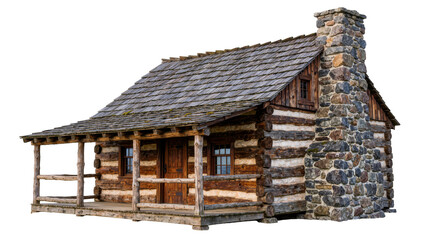 Naklejka premium Rustic log cabin with stone chimney and wooden porch, isolated on transparent background