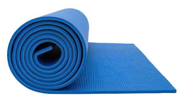 Rolled blue yoga mat with ribbed texture, isolated on transparent background