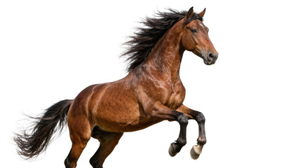 Brown horse rearing up with flowing mane and tail, isolated on transparent background © Maria