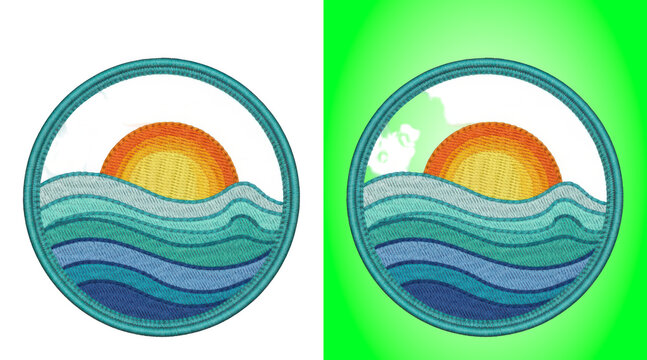 An embroidered circular patch featuring a sunset over blue ocean waves on a green background