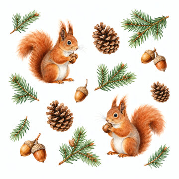 Watercolor squirrel and pine botanical repeat pattern