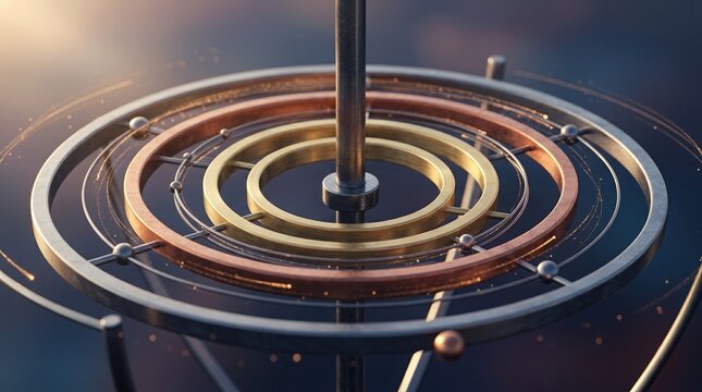 Futuristic metallic gyroscope mechanism, abstract bronze and gold spinning rings, metallic technology instrument for science concept