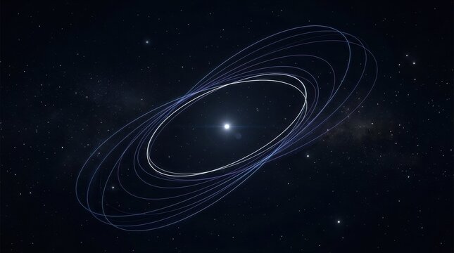 Cosmic planetary orbit paths surrounding bright star, glowing elliptical trajectory loops in deep space galaxy, astronomy science concept
