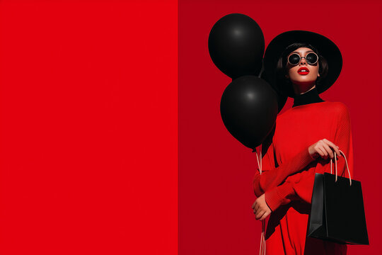 Modelo glamurosa vestida de rojo intenso con sombrero y gafas oscuras sosteniendo globos negros y bolsas de compras para promociones exclusivas de moda. Ofertas y descuentos por black friday rebajas