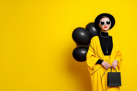Mujer elegante con abrigo amarillo, sombrero negro y gafas de sol redondas sosteniendo globos y bolsas de compras en concepto de ofertas de Black Friday. Ofertas y descuentos online octubre noviembre