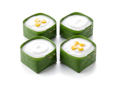 Khanom tako Thai coconut pudding in banana leaf cups, isolated on white background