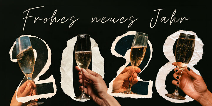 Frohes neues Jahr, Silvester Party Feier Gru&szlig;karte, Karte mit deutschem Text - 2028 Jahreszahl Collage gerissenes Papier Film K&ouml;rnung Effekt, isoliert auf schwarzem Hintergrund