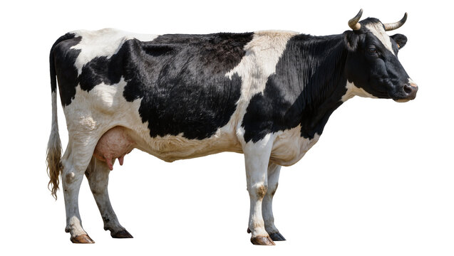 Black and white Holstein Friesian cow with udder, isolated on transparent background