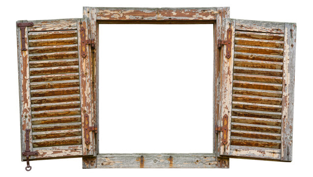 Rustic weathered wooden window with open shutters, isolated on transparent background