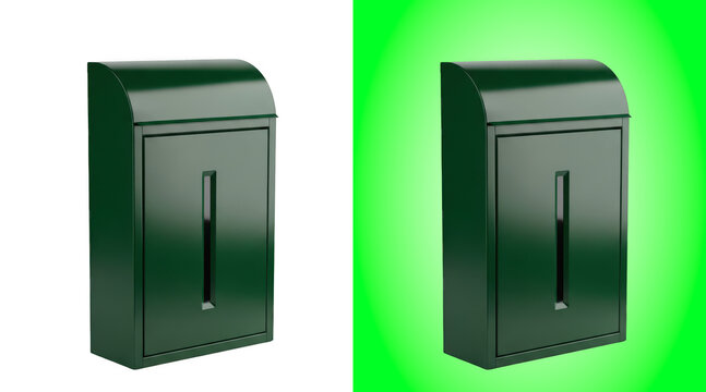Dark green metal mailbox with a vertical viewing slot isolated on a white background surface