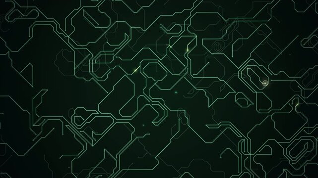 Abstract digital circuit board pattern with glowing data flow lines.