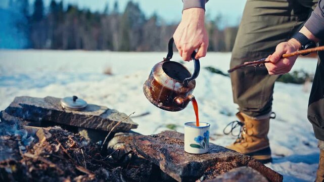 Person Pouring A Dark Hot Drink From A Copper Kettle Beside Firewood In A Snowy Winter Landscape. Close-up Shot