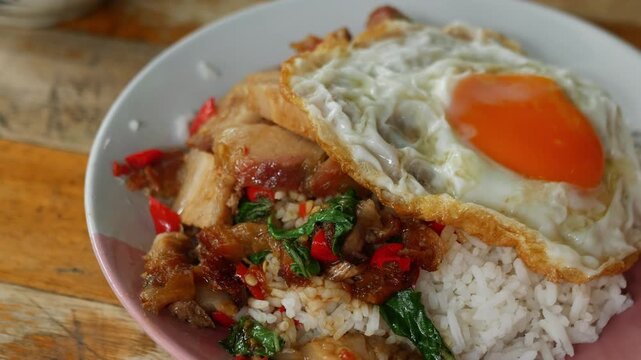 Thai Crispy Pork Belly Stir-Fried with Holy Basil and Chili Served on Rice with Fried Egg, Pad Kra Pao Moo Krob