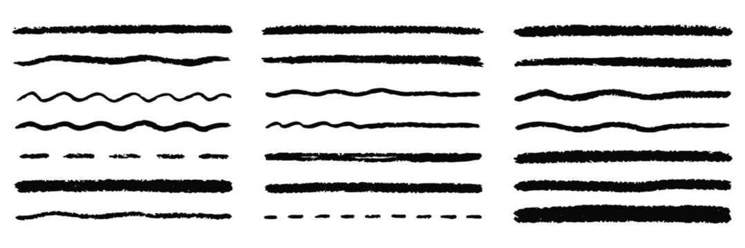 Grunge underline chalk with pencil line, Wave, straight, dotted, zigzag lines, crayon drawn lines illustrator brush stroke set. hand drawn painted chalk brushes,