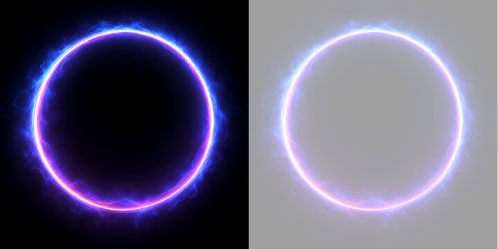 Neon glowing circular frame with blue and purple energy smoke. Abstract luminous magic portal ring on black and transparent background. Sci-fi effect design asset