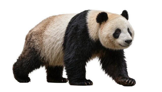 Giant panda walking with black and white fur, isolated on transparent background