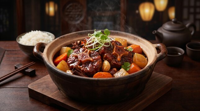 Cantonese Niu Wei Bao braised beef oxtail in claypot with tender carrots, daikon and star anise in rich gelatinous red glaze, dark earthenware clay pot on mahogany table in fine restaurant