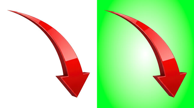 Glossy red curved arrow pointing downwards isolated on green and white gradient background