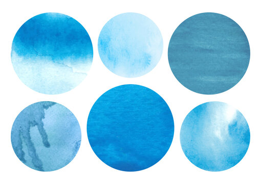 Set of blue watercolor circles on white background