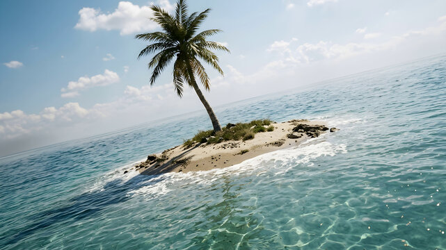 Solitary palm tree on a tiny desert island in the middle of a clear ocean on a sunny day