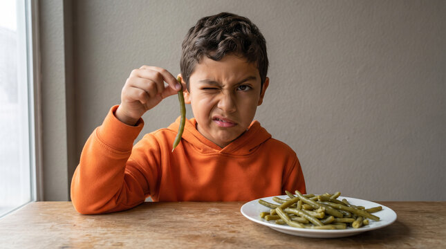 Young boy in orange hoodie looking disgusted and winking at a plate of green beans