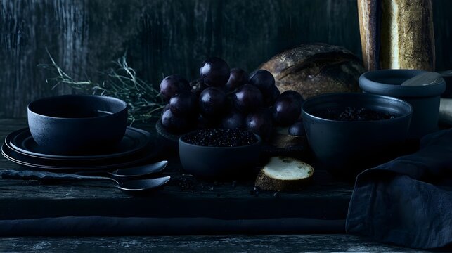 A darkly styled still life featuring black ceramic bowls  grapes  bread  and herbs on a rustic wooden surface