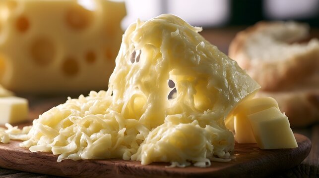 A mound of shredded cheese with holes  resting on a wooden board with bread and cheese block in background