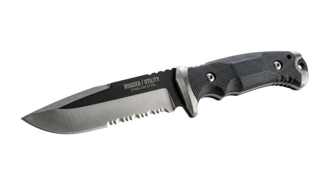 Serrated utility knife, photorealistic rugged fixed-blade knife with textured dark handle, serrated steel edge and clean functional form, side three-quarter view, tack-sharp focus, high-resolution