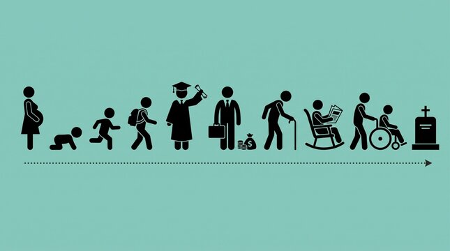 Human life stages illustrated as black silhouettes on light green background