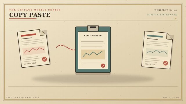 Vintage office workflow animation showing copy and paste process