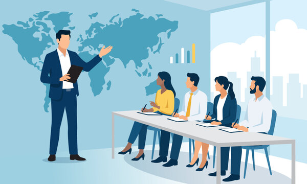 Lecture, education. A young male speaker gives a presentation standing in front of World map. Business vector illustration.
