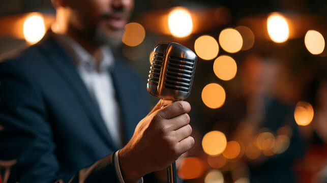 Close-up on the hand of a faceless male vocalist performing jazz with a music band while holding an old school stage microphone during a live event in a bar, with copy space