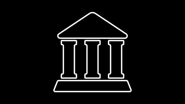 Simple white outline of a classical bank building. Clean lines show pillars, roof, and base. Ideal for financial, banking, or economic themes. Clear, minimalist design for digital use