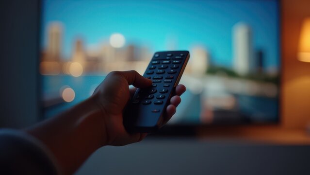 diverse hand holding modern tv remote in soft indoor light for lifestyle technology advertising copy space
