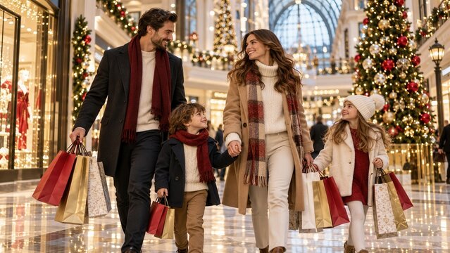 Happy family with children carrying shopping bags in festive mall decorated for Christmas holidays