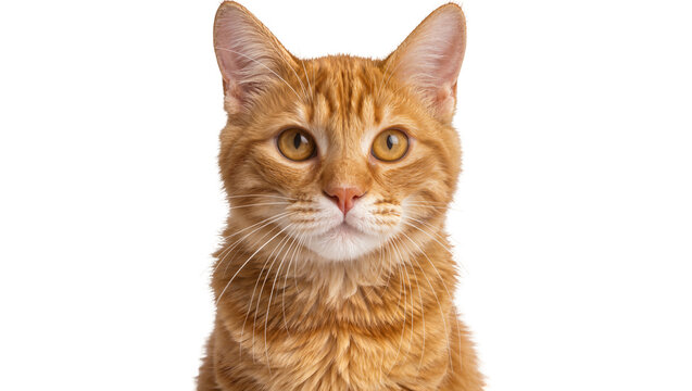 Close-up portrait of a ginger tabby cat with bright eyes, isolated on transparent background