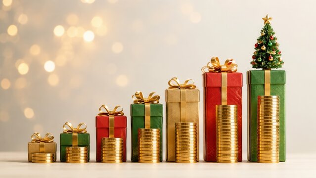 Christmas gift boxes and rising gold coin stacks showing festive holiday financial growth and profit