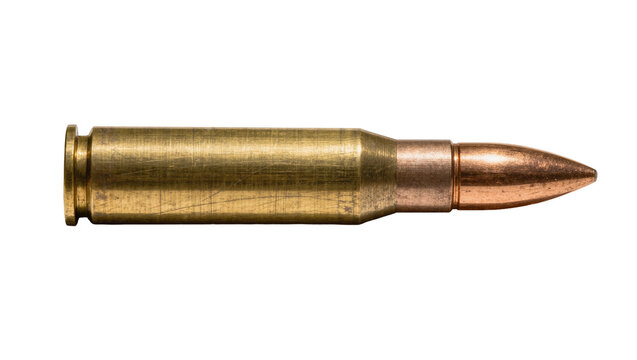 Golden brass bullet casing with copper projectile, isolated on transparent background