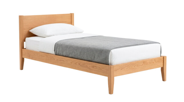 Wooden single bed with clean natural timber frame, simple headboard, neatly arranged gray blanket, and integrated white pillow for minimalist bedroom decor. Photorealistic furniture photography, front