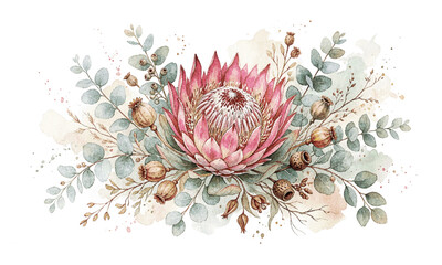 Watercolor protea floral arrangement, pink king protea flower header, eucalyptus and seed pod botanical bouquet for wedding design isolated on Transparent Background © riponhossain