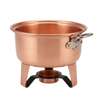 Round copper fondue pot with a wide rolled rim, riveted side handle and a stand with a small burner ring, party cooking set, isolated on transparent background