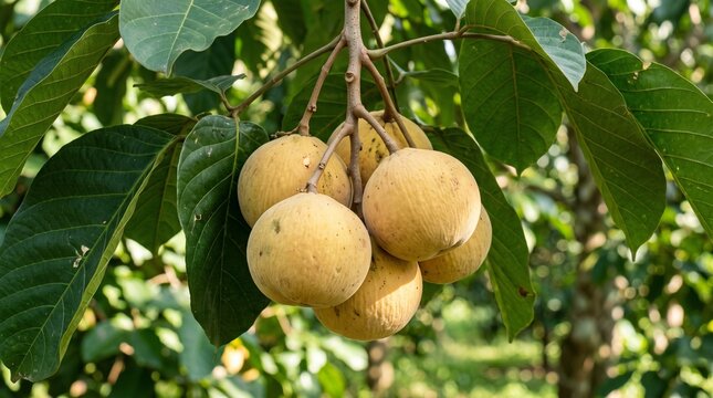Ripe Santol Fruit Hanging From a Lush Branch in a Tropical Orchard