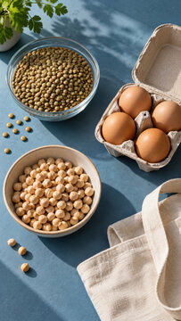 Affordable everyday food staples support purchasing power and home budgeting with eggs and pulses arranged for practical meal planning