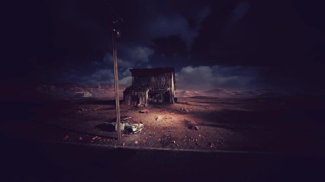 isolated cabin at night in desert, derelict shack illuminated by lone streetlight, heavy storm clouds rolling across sky, barren landscape strewn with rocks