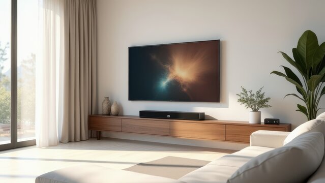 modern living room technology display with sleek television and soundbar in neutral tones for real estate and lifestyle marketing