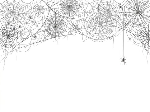 Detailed creepy spider webs border with many little spiders