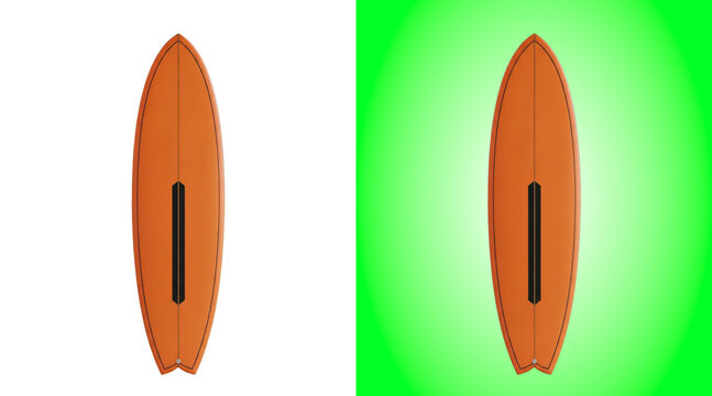 Orange surfboard with a black fin isolated on a white background, for water sports activities