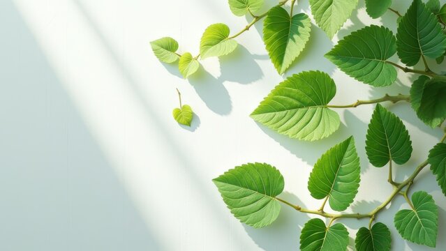 artistic flat lay of vibrant green ivy leaves on light textured background for wellness and botanical advertising